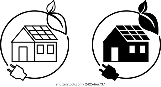 Iconos de Ecohouse. Iconos vectoriales en blanco y negro. Casa privada con paneles solares y hojas. Concepto de Ecología y Protección Ambiental