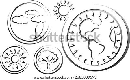 Eco-Illustration Set with Earth, Sun, Trees, and Clouds for Sustainable and Nature-Inspired Designs