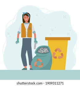 Öko-Illustration Sortierung Abfälle, Retten Sie den Planeten. Umweltzeichen sortieren Abfälle. Ein Mädchen mit einem Ökosack und einer wiederverwendbaren Tasse für Kunststoff, Metall, Papier. . Vektorgrafik