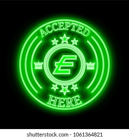 E-coin (ECN) green  neon cryptocurrency symbol in round frame with text "Accepted here". Vector illustration isolated on black background