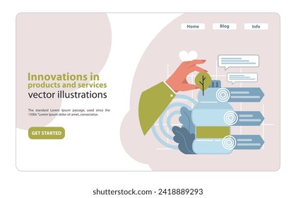 Eco-innovation web or landing. A hand nurtures a young plant, symbolizing growth through sustainable product and service development. Flat vector illustration.