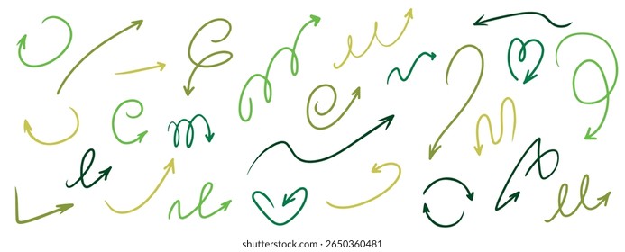 Eco-inspired green and yellow vector arrows set, hand-drawn swirls and curves with heart and plant-like forms for nature-themed design