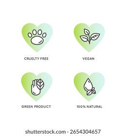 Eco-label with cruelty free, vegan, green product, and 100% natural concepts. Vector badges for sustainable, ethical, plant-based, and animal-friendly packaging outline icon design, animal testing 