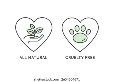 Eco-label with cruelty free, vegan, green product, and 100% natural concepts. Vector badges for sustainable, ethical, plant-based, and animal-friendly packaging outline icon design, animal testing 