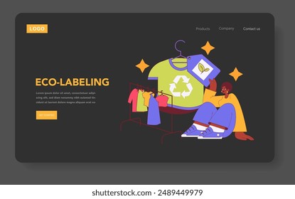 Eco-labeling concept. A person tags clothes with sustainable marks, promoting environmentally friendly consumer habits. Green shopping and ethical fashion focus. Vector illustration.