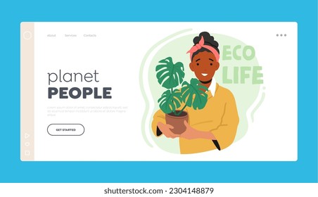 Eco-life Landing Page Template. Woman Holding Potted Flower, Promoting Sustainability, Green Living, Nurturing The Plant. Female Character Care of Flowers and Plants. Cartoon Vector Illustration