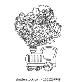 Eco-locomotive. Vector illustration of a black line on a white background. Flat vector eco locomotive with exhaust from plants and flowers. Modern ecology concept for prints and various designs. Eps 1