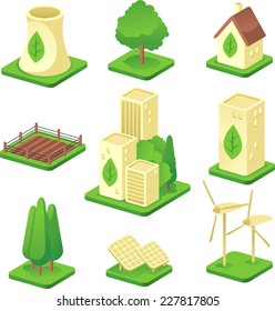 Ecologic city Green Environmental Built Structure Nature Energy Power Generation icons. Vector illustration.
