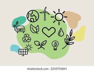 Pancarta de doodles ecológicos. Iconos de línea vectorial para energía renovable, electricidad, panel solar, tecnología verde, eco, ecología. Los elementos diseñan un símbolo sencillo de sostenibilidad ambiental.