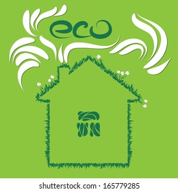 Ecologic green house with grass and flowers on the green background. Alternative energy sources. 