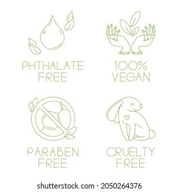 Ecologic icons drawn in outline with green color. Phthalate, cruelty, paraben free and 100 percent vegan. Beautiful illustrations 