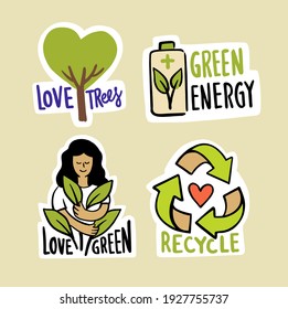 Ecologic labels. Eco safe emblems, green logo lettering. Sticker or ecological sign concept.