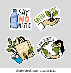 Ecologic labels. Eco safe emblems, green safe plant. Sticker zero waste