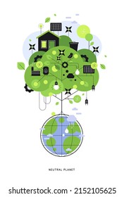 Ecologic life, neutral planet. Tree growing on the globe. Eco-friendly concept. Modern flat illustration. Vector file.