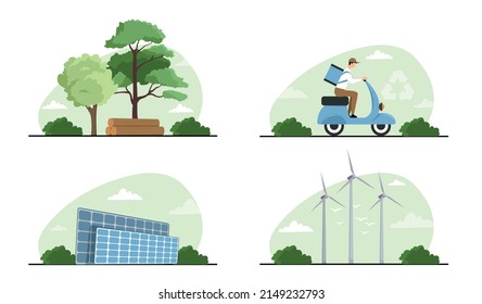 Ecologic objects set. Collection of pictures with safe production, innovation and advanced society. Caring for nature, reducing waste. Cartoon flat vector illustrations isolated on white background