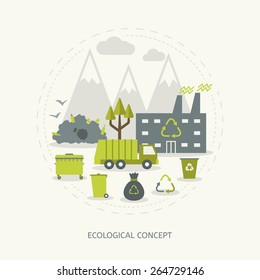 Ecologic recycling and waste utilization concept in flat style