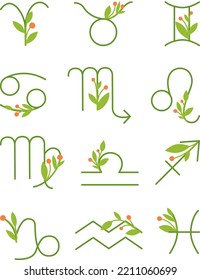 Ecologic set of astrological zodiac signs with  green leaves and berries. Vector icons