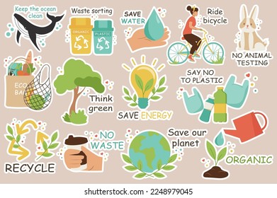 Concepto de íconos ecológicos de conjunto sin que la gente esté presente en el diseño de dibujos planos. Consejos para proteger el medio ambiente. Ilustración vectorial.