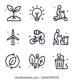 Ações ecológicas em ícones de linha. Ilustração de símbolo de ícone