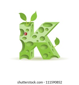 Ecological alphabet, green floral letter with ladybird, vector illustration, eps10