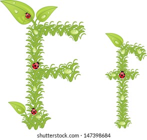 Ecological alphabet, green floral letter with ladybird, vector 