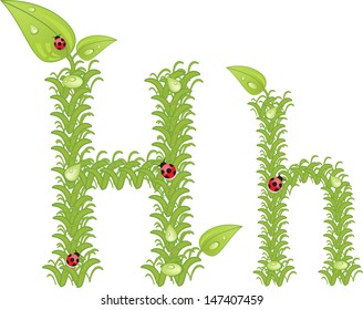 Ecological alphabet, green floral letter with ladybird, vector 