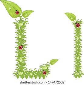 Ecological alphabet, green floral letter with ladybird, vector 