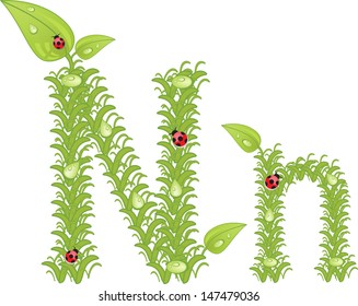 Ecological alphabet, green floral letter with ladybird, vector 