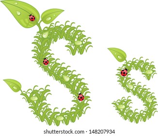 Ecological alphabet, green floral letter with ladybird, vector 