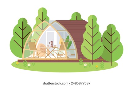 Ecological arched house with a terrace, garden furniture in nature. A tiny lodge with an interior for a quiet, peaceful life outside the city. Glamping pod in a natural environment