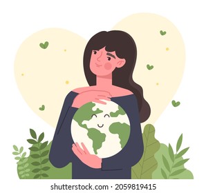 Ecological awareness concept. Girl holds planet in her arms and hugs it. Caring for nature, recycling, protection. Eco sticker, poster. Cartoon flat vector illustration isolated on white background