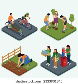 Ecological awareness design concept set with people doing gardening using eco transport recycling rubbish isolated isometric vector illustration