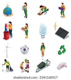 Ecological awareness isometric icons set with alternative sources of energy and people looking after environment isolated vector illustration