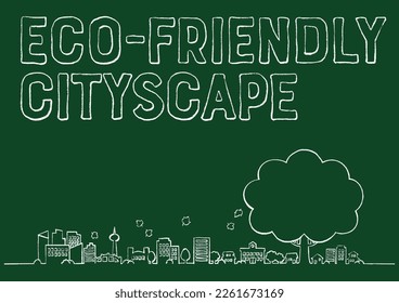 Ecological background illustration of a cityscape drawn with chalk on a blackboard.