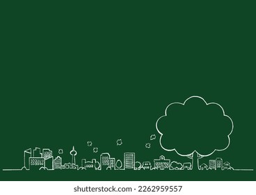Ecological background illustration of a cityscape drawn with chalk on a blackboard.