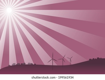 ecological background with sun and wind turbines in red color