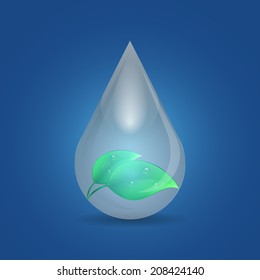 Ecological background with water drop and green leaves/vector illustration