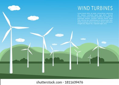 Ecological background with with wind turbines, green hills and blue sky. Wind farm landscape banner for presentations, websites, infographics. Modern flat style. Vector. Space for text