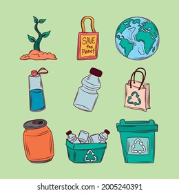 ecological bag bottle and recycle icon set