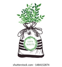 Ecological bag of linen with greens. Zero waste. Vector illustration.