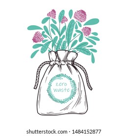 Ecological bag of linen with greens. Zero waste. Vector illustration.