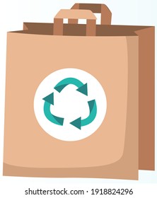 Ecological bag with recycling symbol. Eco-friendly container for carrying items vector illustration. Recyclable paper bag with handles. Recycled shopper made of paper isolated on white background