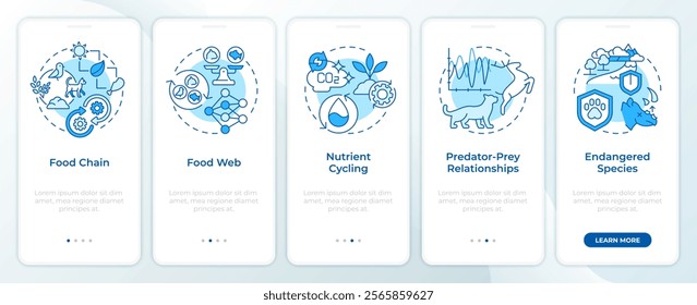 Ecological balance blue onboarding mobile app screen. Food chain. Walkthrough 5 steps editable graphic instructions with linear concepts. UI, UX, GUI template