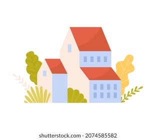 Ecological balance icon or sticker. Country house, cottage or mansion. Flat cartoon vector illustration