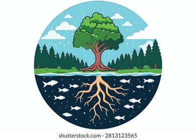Ecological balance illustration showing tree roots nourishing rivers and aquatic life, symbolizing clean water, forest ecosystems, carbon storage, and long-term environmental sustainability.