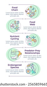 Ecological balance infographic vertical sequence. Food chain. Predator and prey relationships. Visualization infochart with 5 steps. Circles workflow