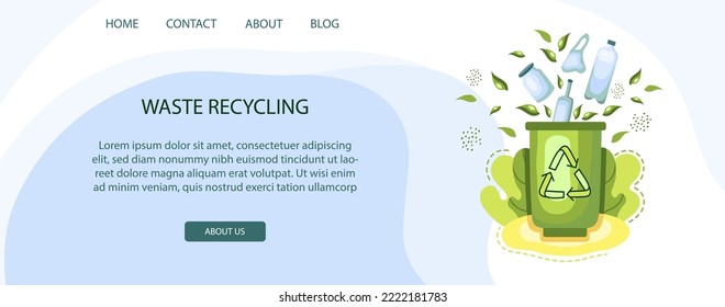 Ecological banner on the website and mobile site development. Waste recycling. Trash can with recycling materials.