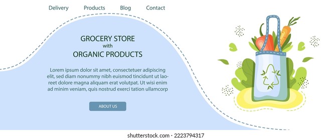 Ecological banner on the website and mobile site development. Grocery store with organic products. Eco bag with fruits and vegetables.