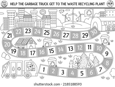 Juego ecológico de tablero de dados blancos y negros para niños con camiones de basura que van a la planta de reciclaje de residuos. Juego de cartas del día de la Tierra.  Página de color imprimible para protección de la naturaleza
