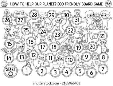 Ecological black and white dice board game for children with kids caring of environment. Earth day line boardgame.  Waste recycling printable activity or worksheet. Eco awareness coloring page

